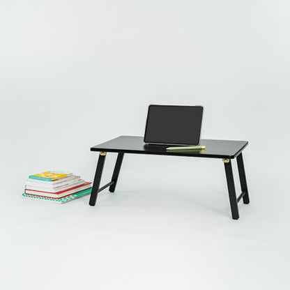 PJ Wood Folding Laptop Desk Tray - Portable Lap Desk - 24 in | Solid Wood Frame, 23.6 x 15.4 x 10.2 in, No Assembly Required, 4 lb Weight, Flat Fold Storage, Black Finish - color: Black