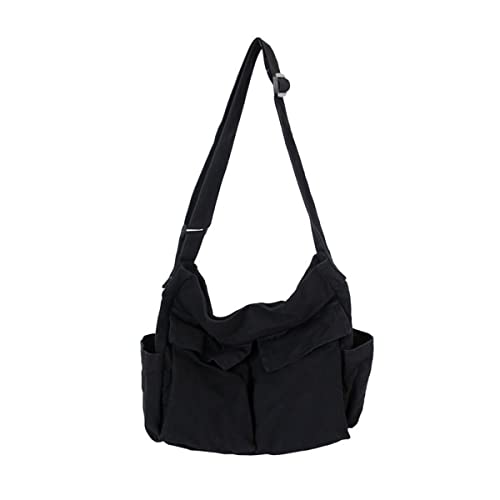 GAXOS Aesthetic Cute Messenger Bag for School Vintage Black Canvas Crossbody for Women Shoulder Laptop Bag - color: Black