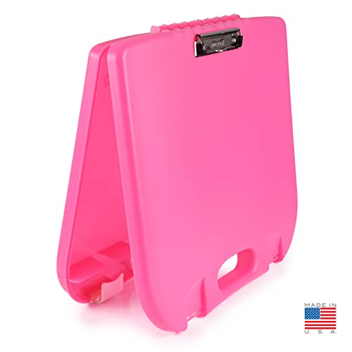 DEXAS Portable Lap Desk with Storage, Integrated Handle, Exterior Wire Clip, 18”x 15.25”x 1.38” Pink w/White Latch - color: Pink