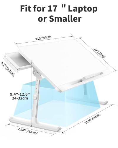 SAIJI Laptop Bed Tray Table, Adjustable PVC Leather Laptop Bed Table, Portable Standing Desk with Storage Drawer, Foldable Lap Tablet Table for Sofa Couch Floor (Large,White) | Fits 17" Laptop, Work From Home & Dorm Study, with Storage Drawer & PVC Leathe