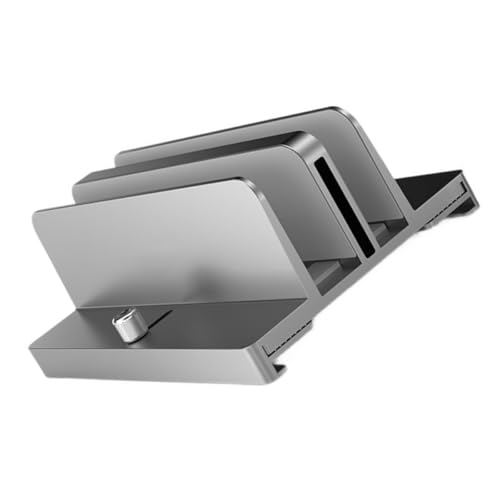 Aluminum Alloy Vertical Laptop Stand with Adjustable Dual Slots, Notebook Mount Base for Space-Saving Desk Organization, Gray Tablet Vertical Holder for Office and Home Use
