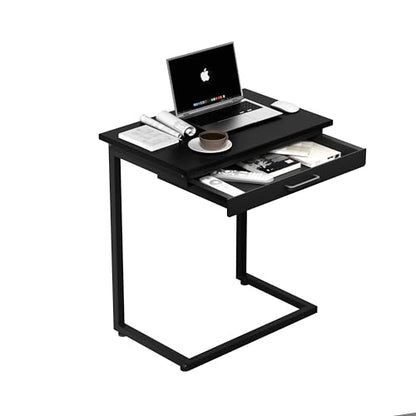 C Shaped End Table,Small Couch Side Table with Drawer,for Living Room, Bedroom Magazines, Computers, Coffee, Small Objects Storage.Black - color: Black