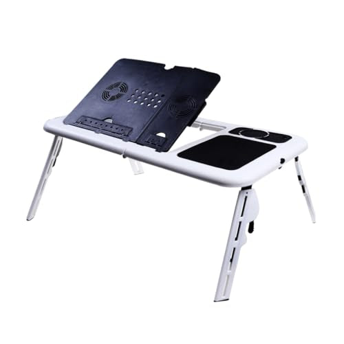 TEHAUX Foldable Laptop Table Tray Desk Quiet Fans Adjustable Height and Angle Non-Slip Legs Mouse Platform USB Cooling for Bed Sofa Couch Black and White Plastic Lap Desk