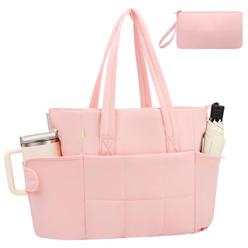 Puffer Tote Bag with Large Cup Holder& 15.6 Inch Laptop Compartment, Lightweight Puffy Work Bag with Water Bottle Pocket, Large Laptop Tote with Clutch Purse for Women Teacher Nurse (Pink) - color: Pink