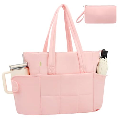 Puffer Tote Bag with Large Cup Holder& 15.6 Inch Laptop Compartment, Lightweight Puffy Work Bag with Water Bottle Pocket, Large Laptop Tote with Clutch Purse for Women Teacher Nurse (Pink) - color: Pink