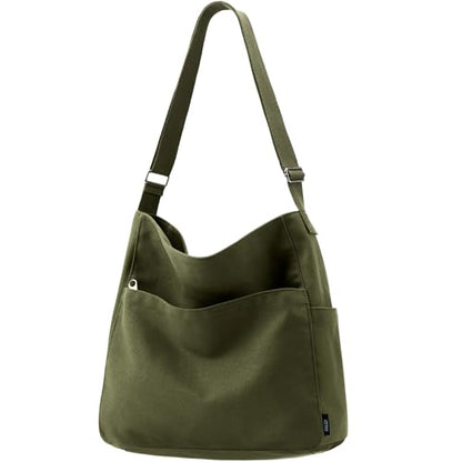 KALIDI Canvas Tote Bag Large Hobo Crossbody Shoulder Handbag Zipper Messenger Bag for Women or Men Casual College Work - color: Army Green