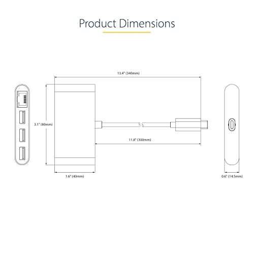StarTech 3-Port USB-C Hub with Gigabit Ethernet, 5Gbps, USB-A Splitter | 3x USB-A splitter, Wired networking, Windows, macOS, Linux, iPadOS, ChromeOS, Android, MAC address changer