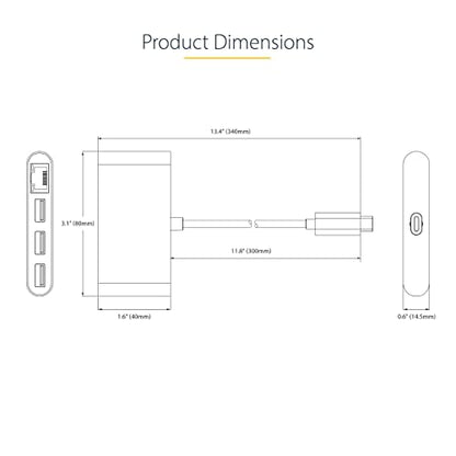 StarTech 3-Port USB-C Hub with Gigabit Ethernet, 5Gbps, USB-A Splitter | 3x USB-A splitter, Wired networking, Windows, macOS, Linux, iPadOS, ChromeOS, Android, MAC address changer