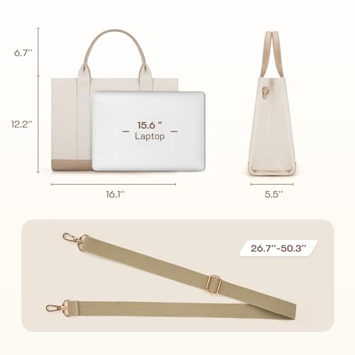 Missnine Tote Bag Canvas Laptop Bag 15.6 inch Briefcase for Women Large Capacity Handbag for Office, College, Travel (Croc-embossed Light Khaki) - color: Classic Light Khaki
