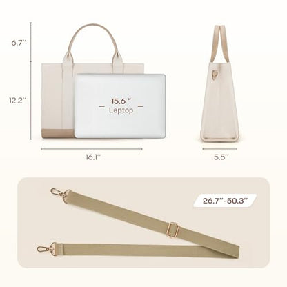 Missnine Tote Bag Canvas Laptop Bag 15.6 inch Briefcase for Women Large Capacity Handbag for Office, College, Travel (Croc-embossed Light Khaki) - color: Classic Light Khaki