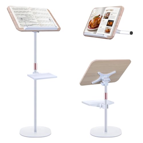 2 in 1 Dual-use Music Stand & Desktop Book Stand, Adjustable Height 16.5"-51", 100% Solid Wood Laptop Floor Stand Book Holder with Elastic Page Clips for Cookbooks (White with Tray) - color: White With Tray