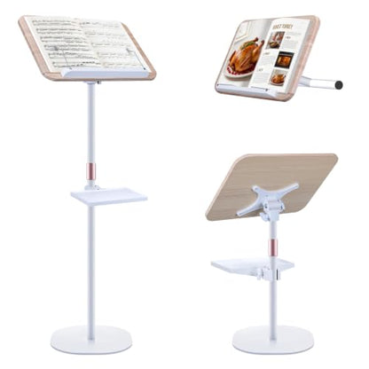 2 in 1 Dual-use Music Stand & Desktop Book Stand, Adjustable Height 16.5"-51", 100% Solid Wood Laptop Floor Stand Book Holder with Elastic Page Clips for Cookbooks (White with Tray) - color: White With Tray