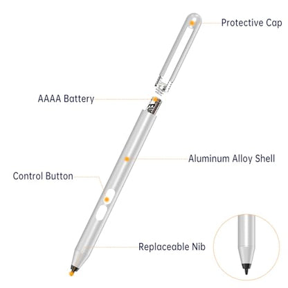Stylus Pen for HP Omnibook/Envy/Spectre/Pavilion x360, 1024 Pressure | MPP 1.51 Stylus Pen with Palm Rejection, 2500H Battery Digital Pen with Eraser for Drawing/Note-Taking, AAAA Battery Included - color: Platinum