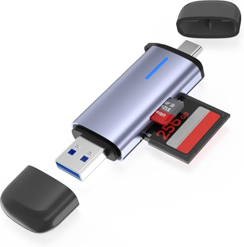 USB 3.0 SD Card Reader, 5Gbps 2-in-1 Type-C & USB-A Dual Slot Memory Card Reader, Simultaneous SD/Micro SD Read & Write, Compatible with iPhone 16/15, MacBook, iPad, Android, PC, Laptop, Camera