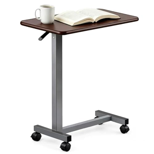 Adjustable Overbed Table with Wheels, Pneumatic Height Lift Rolling Bedside Table, Standing Desk for Home & Office Use, Ideal for Seniors & Limited Mobility(Walnut Brown) - color: Walnut Brown