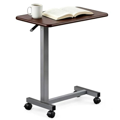Adjustable Overbed Table with Wheels, Pneumatic Height Lift Rolling Bedside Table, Standing Desk for Home & Office Use, Ideal for Seniors & Limited Mobility(Walnut Brown) - color: Walnut Brown
