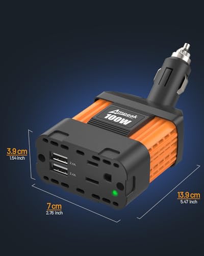 100W Car Power Inverter, 12V DC to 110V AC, Cigarette Lighter Plug | 200W Surge Peak, 1 AC Outlet, Dual USB 4.8A, 11 Protections, Rotating Head, for iPhone iPad Laptop - color: 100W Car Inverter