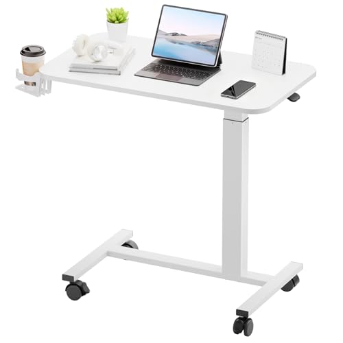 GTPLAYER Small Standing Desk with Wheels, Pneumatic Mobile Rolling Laptop Desk, Adjustable Height Overbed Bedside Table Computer Workstation for Home Office (28" W x 16" D, White) - color: White‑lockable, size: Medium