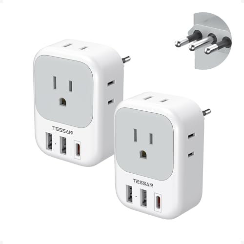TESSAN Italy Travel Plug Adapter, Type L Plug 2 Pack | 4 Outlets, 3 USB Charger (1 USB C PD 20W), US to Chile Libya Syria Tunisia Uruguay - color: White grey-Type L