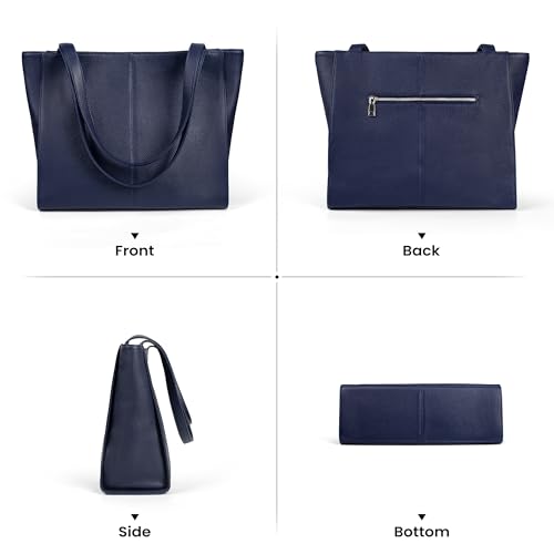befen Genuine Leather Tote Bag for Women Work Travel Leather Purse Handbags | Real Leather, Padded 14" Laptop Compartment, Multi-Pockets, Zipper, Tote Bag for Daily - color: Navy Blue