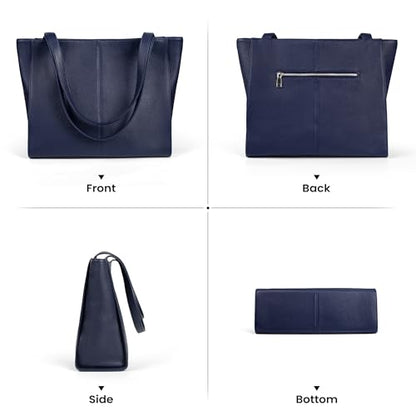 befen Genuine Leather Tote Bag for Women Work Travel Leather Purse Handbags | Real Leather, Padded 14" Laptop Compartment, Multi-Pockets, Zipper, Tote Bag for Daily - color: Navy Blue