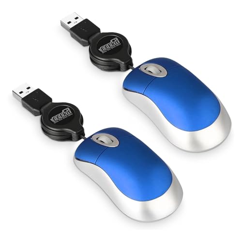 EEEKit 2 Pack Mini Retractable Cable USB Optical Mouse, Blue, Unisex - color: Blue