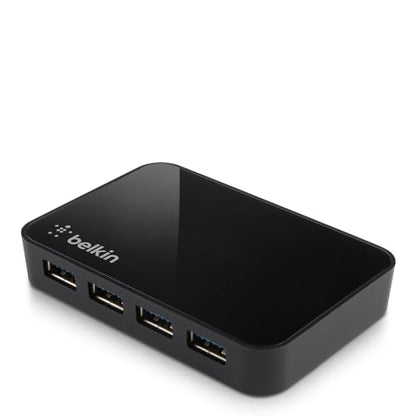 Belkin 4-Port USB 3.0 Hub – SuperSpeed Powered Station with 5 Gbps Data & Charging, Compact Desktop Adapter for Laptops, iPhone Chargers, Printers, Storage Devices – Black