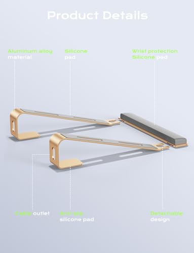 JCZT Aluminum Laptop Stand, Notebook Stand with Wrist Rest, Ergonomic Detachable Laptop Mount, Computer Stand Compatible with 10-17'' All Laptops Such as MacBook Air Pro/HP/Dell/Lenovo, Gold - color: Gold