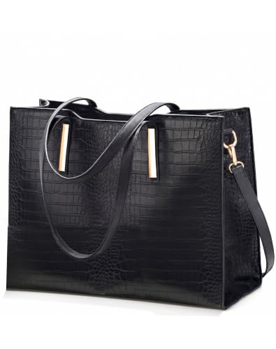 15.6" Laptop Work Tote Bag for Women Shoulder Handbag Large, Black | 2 water bottle pocket. Lightweight 2.2 Lbs. Capacity 20L. Vegan Leather. Waterproof. L17” x H12” x W5.5”. Handle Drop 11".