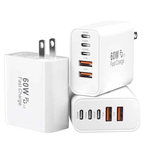 USB C Charging Blocks, 60W USBC Wall Fast Charger Block, Type C Phone USB C Charger Fast Charging Brick, 5-Port Multiport Charger Plug Power Adapter for Phone 17/16/15/14/13 Pro Max, Pad, S25-3Pack - color: White-3Pack