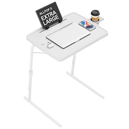 Allpop X TV Tray Table, TV Dinner Tray for Eating, Large Adjustable Folding Laptop Table with Book Stand, Cup Holder & Tablet Slot on Couch & Bed with 6 Heights & 3 Tilt Angles, White - color: White