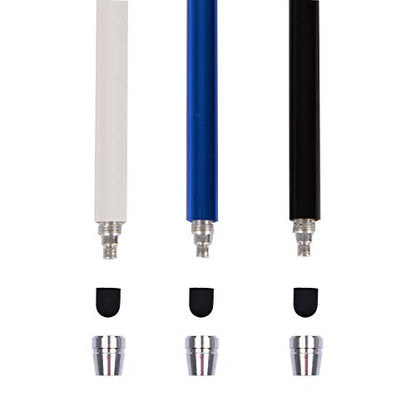 The Friendly Swede Stylus Pen for Touchscreen with Replaceable Thin Tips | 3 Spare Rubber Tips, 3 Elastic Lanyards, Microfiber Cleaning Cloth, 3-Pack 5.5" High Precision Stylus Pen, Black/Blue/White - color: Black/Blue/White