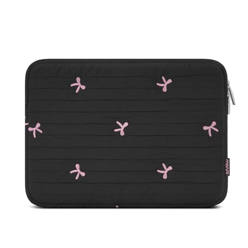 MOSISO 13-14 inch Laptop Case, 13.3 inch Puffy Laptop Sleeve, Black | Compatible with MacBook Neo/Air 13.6/Pro 13/Pro 14, HP Dell ASUS Lenovo, Striped Quilted Computer Bag with Embroidered Bow