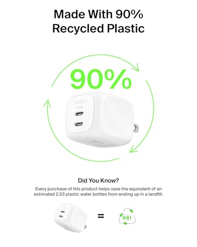 Belkin 2-Port USB C Charger Block 50W, Dual-Port GaN Charger w/ 2X USB C Ports & Included 1M C-C Cable, Fast Charging for MacBook, iPhone, iPad, Chromebook, Galaxy, Pixel - Travel Essentials - White - style: Single Pack + USB-C Cable