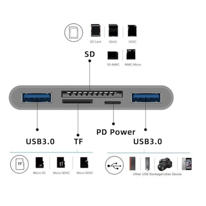 chenyang 5 in 1 USB C to 2 USB 3.0 TF Micro SD SDXC SDHC Card Reader Adapter 5Gbps Compatible with PD 27W for Laptop Tablet Phone - style: SD/TF 5-in-1