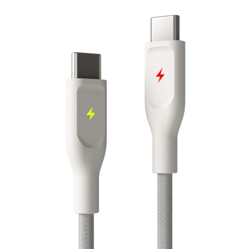 POUT ElectroBoost Thunderbolt LED 100W PD 3.0 USB-C to USB-C Cable – Nylon-Braided Fast Charging & Data Cable with Real-Time LED Status Indicator, E-Marker Chip, 480Mbps Transfer – 4ft, Almond Sand - color: Almond Sand