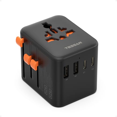 TESSAN Universal Travel Adapter, International Power Adapter | 4 USB Ports (2 USB C), US to Europe UK France Germany Spain Ireland Australia Japan, Type C G A I - color: Black-20W