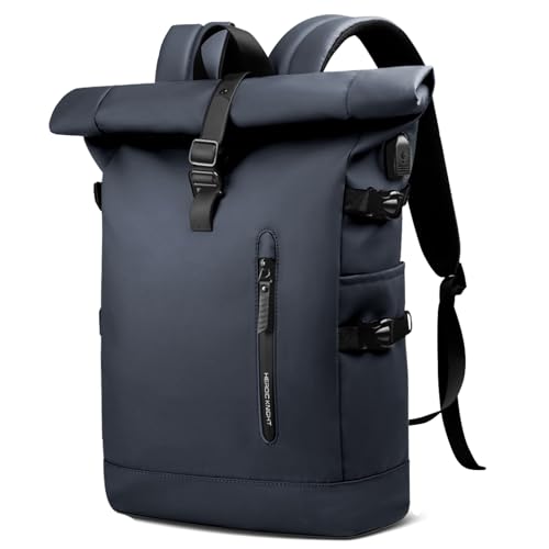 Rolltop Backpack for Men Women, 15.6 Inch Waterproof Travel Backpack with USB Charging Port, Expandable 18-27L Laptop Backpack Casual Daypack for Work Business College-Blue - color: Blue