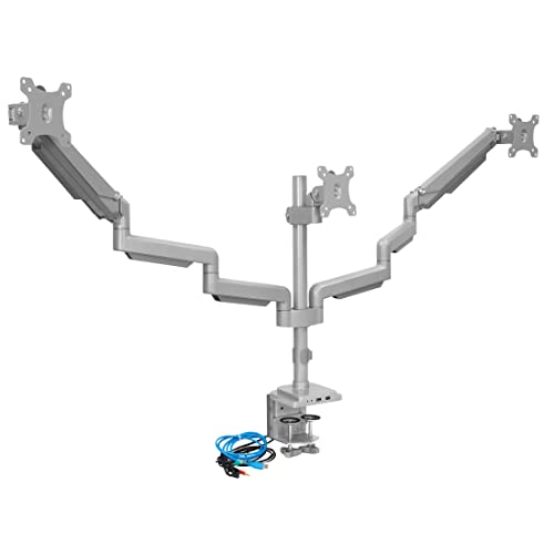 Mount-It! Triple Monitor Mount with Gas Spring Arms, Fits 24–32 Inch Screens, USB & Audio Ports, Full Motion Desk Stand with Tilt, Swivel & Rotation, Heavy Duty Silver 3 Screen Arm with Clamp