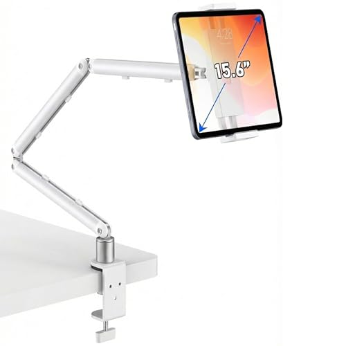 iPad Holder For Desk, Adjustable Tablet Arm iPad Desk Mount with C-Clamp | White 30" Foldable Long Arm & 360° Rotation, Fits 4.7-15.6" iPad Pro/Air/Mini, Phones & 15.6" Portable Monitors for Desk/Bed - color: White, size: 15.6" Slim Clamp