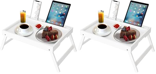 Artmeer Bamboo Bed Trays, Folding Legs, Phone/Tablet Slots, 2-Pack, White - color: White, size: Medium (Pack of 2)