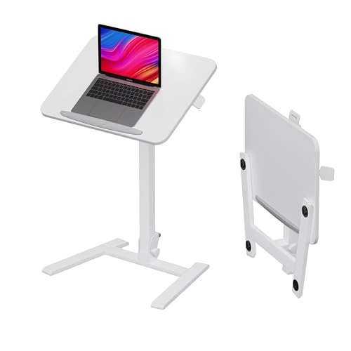 25" Mobile Folding Desk: Pneumatic Sit-Stand, No Assembly | 29-42" Height Adjustable Rolling Laptop Desk, Hidden Wheels, 0-90° Tilt Top. Ideal for Home Office, Craft & Study. - color: White