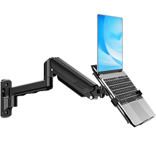 MOUNTUP Laptop Wall Mount, Adjustable Laptop Mount for Max 17" Notebook or Max 32" Monitor, Wall Mount Laptop Holder Holds 4.4-22lbs, 2-in-1 Laptop Arm with Ventilated Tray - size: Single, style: Wall mount