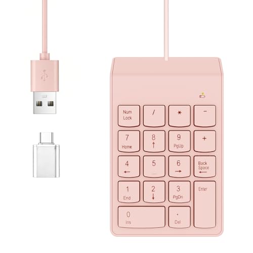 NOOX Wired Number Pad with USB to USB-C Adapter, Numeric Keypad Numpad 18 Keys Portable Financial Number Keyboard, 10 Key USB Keypad for Laptop, Desktop, Surface Pro, Notebook, MacBook - Pink