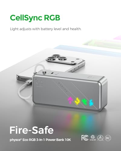 Eco RGB 3-in-1 Power Bank 10K, 9,600mAh 30W Portable Charger, Built-in USB-C Cable and Foldable Plug, Fast Charging Battery Pack, Travel Essential for iPhone 16/15, MacBook (Starlight Silver)
