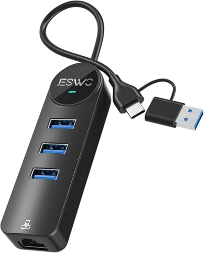 USB-C USB 3.0 to Gigabit Ethernet Adapter, 4 in 2 USB A/C Hub Ethernet 1000Mbps with 3 USB 3.0 Ports, USB Type-C RJ45 LAN Gigabit Network Adapter for Mac OS, Chrome OS, iPad OS, Windows, etc