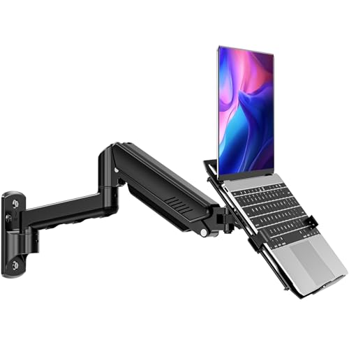 Laptop Wall Mount, 2-in-1 Monitor Wall Mount with Vented Tray fits Max 17" Notebook or 13-32" Computer Screen, Adjustable Laptop Arm Holds 4.4-22lbs, Gas Spring Laptop Holder Stand - style: Laptop Wall Mount