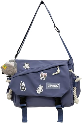 Aesthetic Crossbody Bag with Cute Pins and Ornament, Nylon Shoulder Messenger Bag Japanese Kawaii Bag for Women Men - color: Penguin_blue_standard