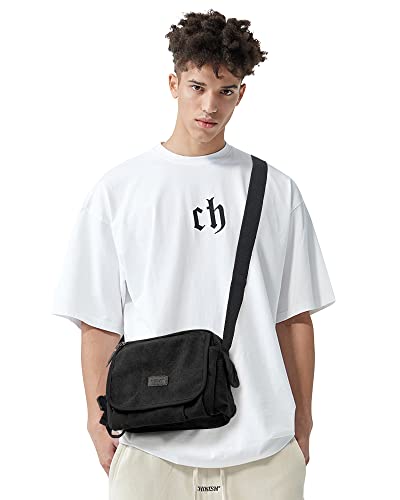 Messenger Bag for Men, Crossbody Bag Aesthetic, Water Resistant Unisex Classic Canvas Shoulder Bag - color: A1-black