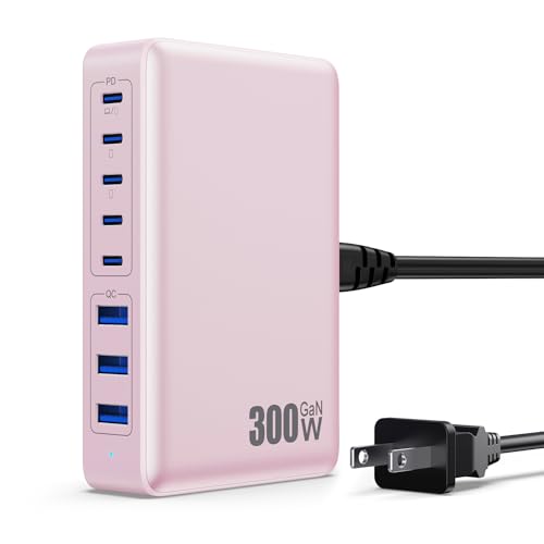 USB C Charger 300W USB C Charger Block, 8-Ports GaN IV Fast Charging Station Hub,PD 100W Laptop Charger Adapter,for MacBook Pro/Air/iPad/iPhone16/15/14/Apple Watch/DELL/Samsung for Home Office - color: Pink, size: 300W
